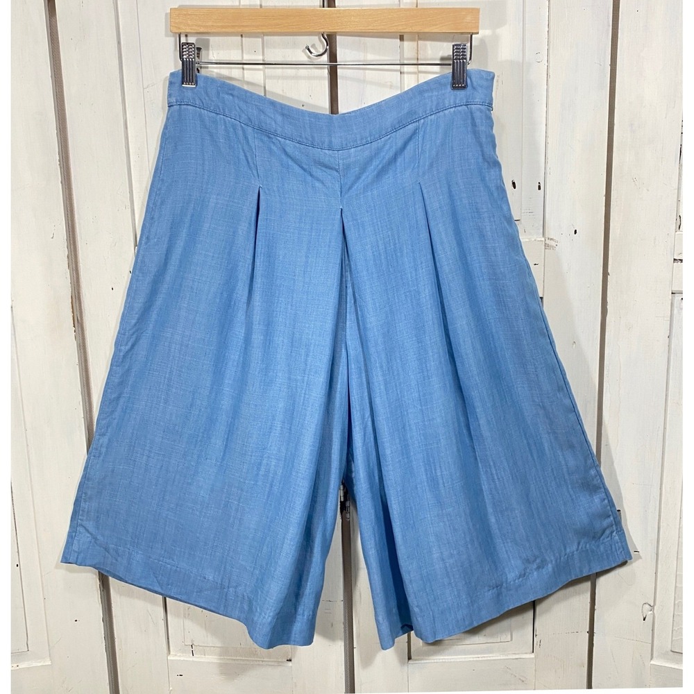 Blue High Waisted Wide Leg Culotte Pants Pleated Chambray 29W Flowy Airy Boho - Picture 2 of 11